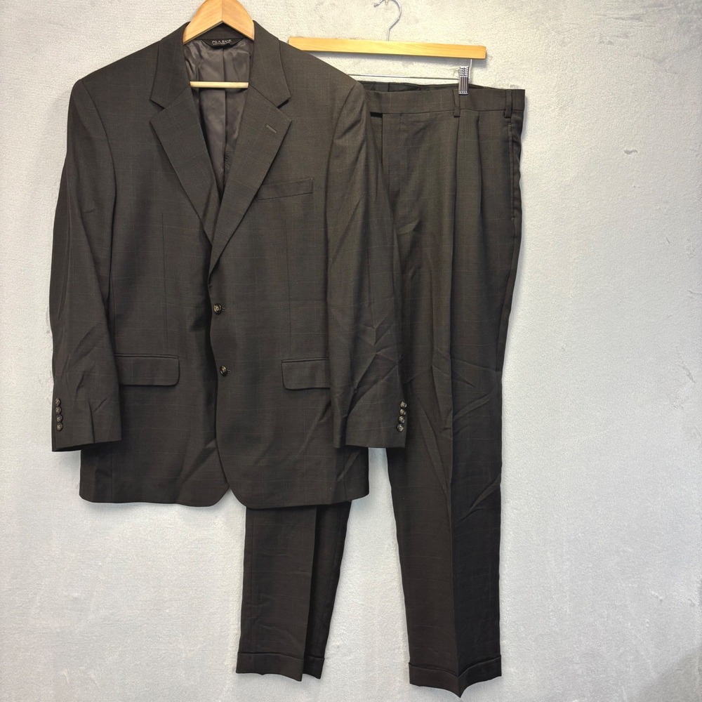Jos. A. Bank Wool Suit Mens 44L 39x34 Brown Pleated Cuffed Pants Jacket Plaid